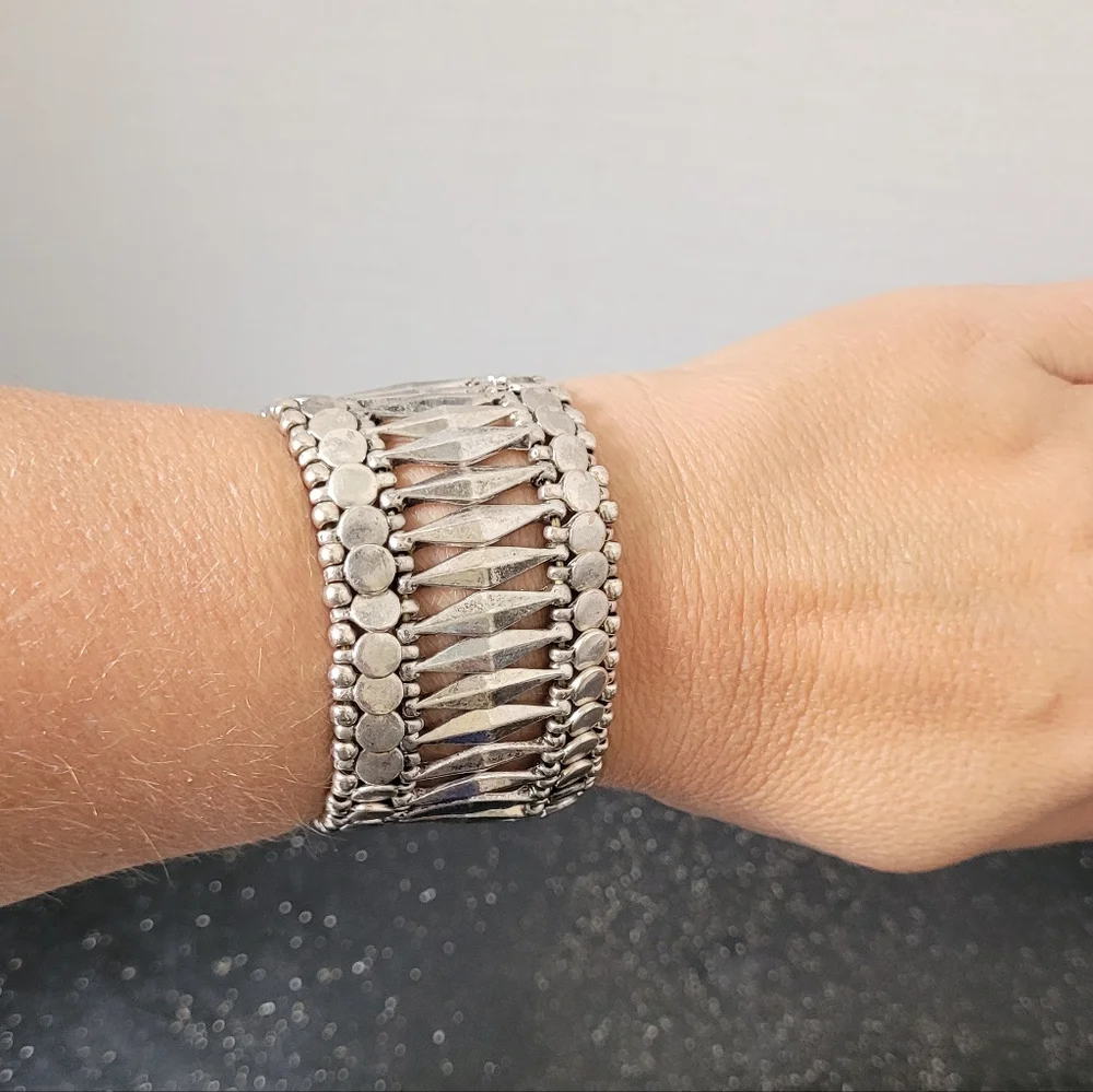 Silver Beaded Stretch Cuff Bracelet
